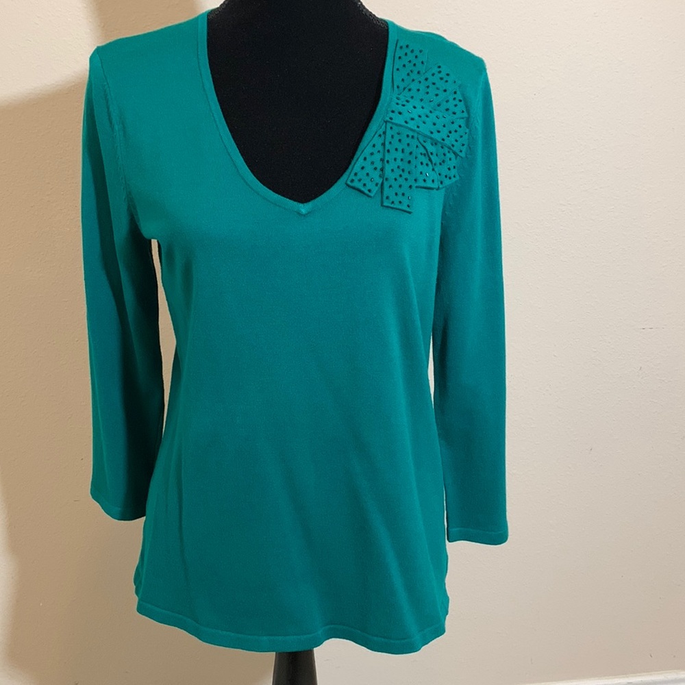 Women’s Sweater V-Neck, Jade Green with Black Beading